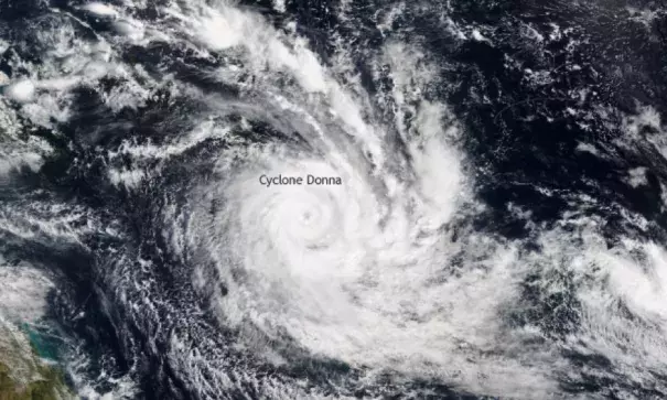 NOAA/NASA Suomi NPP satellite image taken on May 5, 2017 of tropical cyclone Donna in the South Pacific. At peak strength on May 7, tropical cyclone Donna was a category 4 storm with 115 knot winds. Photo: Climate.gov via NOAA's Environmental Visualization Laboratory