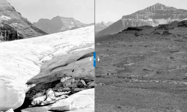 Boulder Glacier with visitors in 1932 and bare land in 1988. The ice has shrunk so much that it’s no longer considered an active glacier. Photo: George Grant, Glacier National Park (left); Jerry De Santo, University of Montana (right)