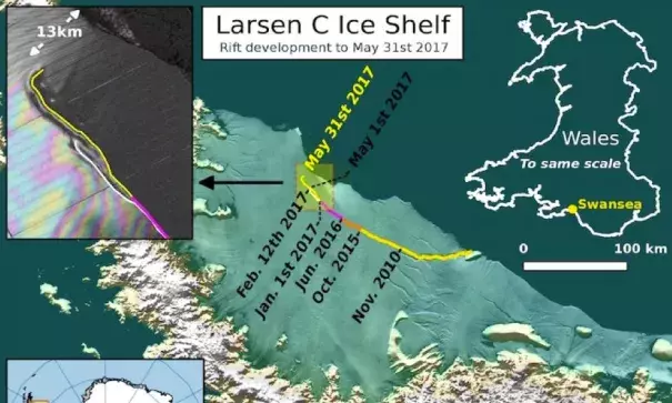 The current location of the rift on Larsen C, as of May 31 2017. Image: Project MIDAS