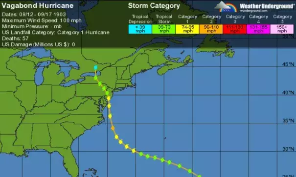 The path of the 1903 Vagabond Hurricane, the only other hurricane to hit New Jersey since 1851. Image: Weather Underground