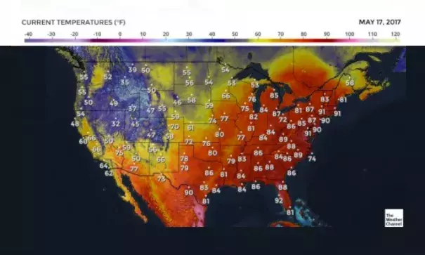 3 p.m. temperatures on May 17, 2017. Image: Weather.com