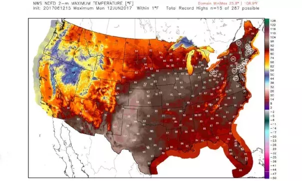 Forecast high temperatures on Monday, with potential records circled. Image: Weatherbell Analytics