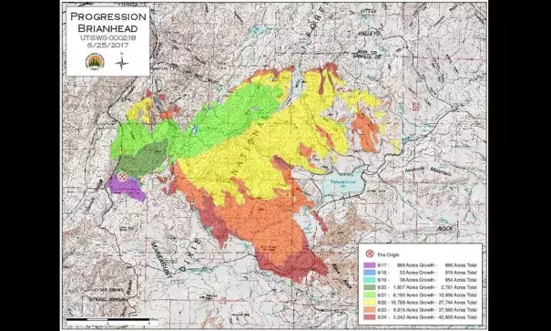 Brian Head Fire - Progression Map, June 25, 2017. Image: InciWeb