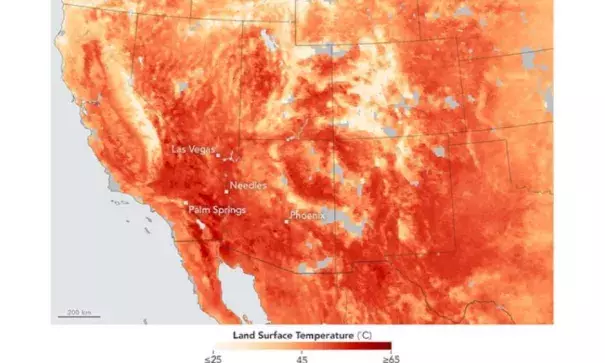 The map above shows land surface temperatures for Las Vegas, Phoenix, Arizona, and Needles and Palm Springs in California. Image: NASA