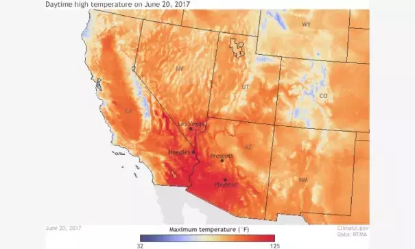 High temperatures across the southwestern United States on June 20, 2017 according to data from NOAA's Real-Time Mesoscale Analysis (RTMA). Temperatures reached 125°F at Needles, California and 117°F in Las Vegas, Nevada. Image: Climate.gov