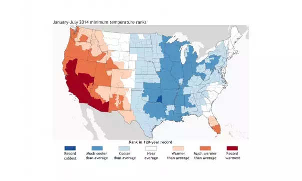 Minimum temperature ranks for January-July 2014 within the historical record (1895-2014), from record coldest (darkest blue) to record warmest (darkest red). Map adapted from analysis by National Climatic Data Center.