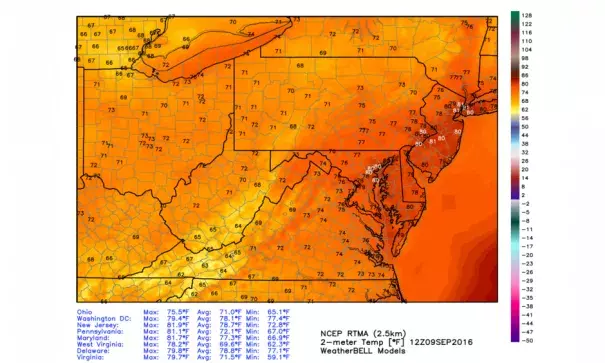 Temperature analysis at 8 a.m. Friday, Sept. 9. Image: WeatherBell.com