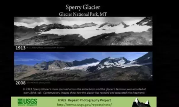 The "Repeat Photography Project" performed by U.S. Geological Survey researchers demonstrates how the glaciers in Glacier National Park have shrunk down through the decades.