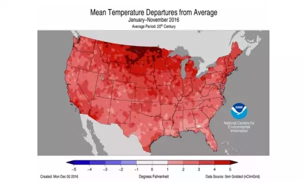 How temperatures across the contiguous U.S. compared to average from January through November. Image: NOAA
