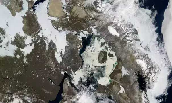  A Nasa image shows receding ice cover over northern Canada. Image: MODIS/Aqua/Nasa