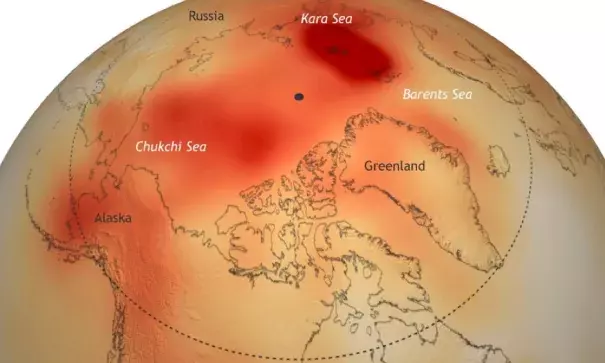 Arctic temperature anomalies for Oct 2015 to Sept 2016. Image: NOAA