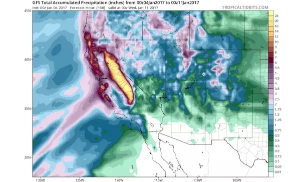 Parts of the Sierra Nevada may rack up more than 20” in precipitation (including rain and the moisture within snow) over the seven-day period from 00Z January 4 to 11 (4:00 pm PST Jan. 3 to 10), based on this projection from the 0Z Wednesday run of the GFS model. Image: Tropical Tidbits