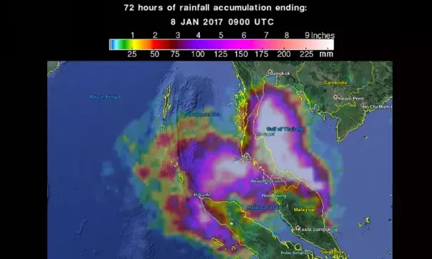 72 hours of rainfall accumulation ending 09:00 UTC on January 8, 2016. Photo: NASA/JAXA GPM