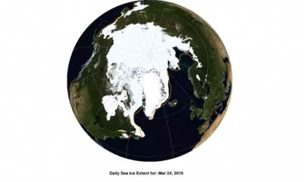 This NASA Blue Marble image shows Arctic sea ice extent on March 24, 2016. Image: National Snow and Ice Data Center/NASA Earth Observatory
