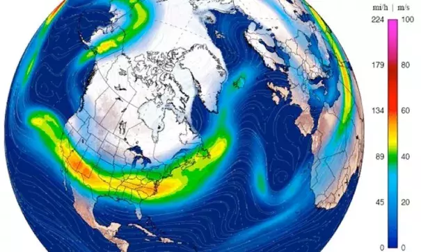 Winds at the jet-stream level (250 mb, or roughly 33,000 feet) were howling across the southern U.S. at speeds topping 120 mph in spots on Friday, January 6, 2017. The energy was undercutting a massive ridge of high pressure extending north into Alaska and eastern Siberia, with a weaker jet arcing above the ridge (top left). Image: Climate Reanalyzer/University of Maine