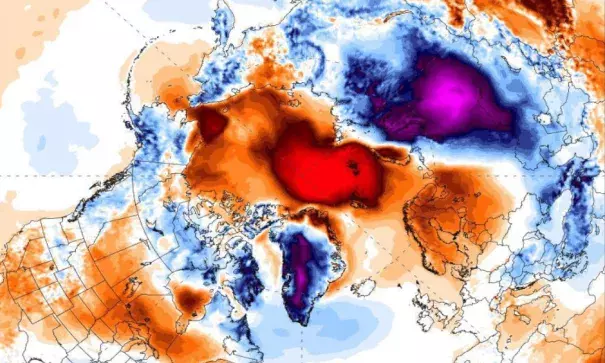 Five-day average temperature departure from normal, showing the unusually warm conditions near the pole and frigid conditions in Siberia. Image: Climate Reanalyzer