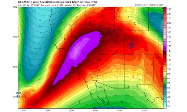 Late weekend storm will have ingredients in place for major SoCal storm; question is whether they all come together in right sequence. Image: NCEP via tropicaltidbits.com