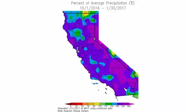The water year to date has been much wetter than average across the entire state of California. Image: WRCC
