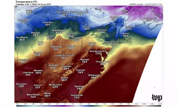 Record high temperatures are expected in the Southeast and Mid-Atlantic on Tuesday. Image: Washington Post, Capital Weather Gang