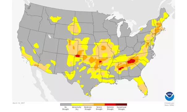 U.S. Drought Monitor on March 14, 2017. The U.S. Drought Monitor highlights areas across the country experiencing either short or long-term abnormal dryness or drought. Image: Climate.gov, available at Data Snapshots
