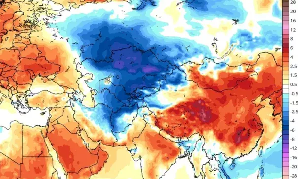 Temperature anomalies (°C) between 3 April and 8 April.