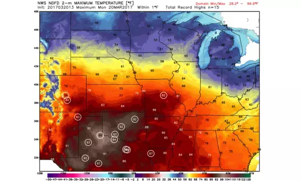Locations forecast to be within one degree of record heat on Monday circled. Image: WeatherBell.com