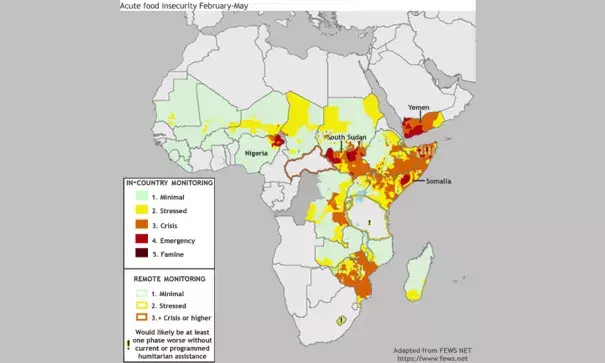 Areas affected by various phases of food insecurity as of April 10, 2017. Conditions in South Sudan have deteriorated to famine, while Nigeria, Somalia, and Yemen all have areas that qualify as Phase 4: Emergency. Map: Adapted from the Famine Early Warning Systems Network