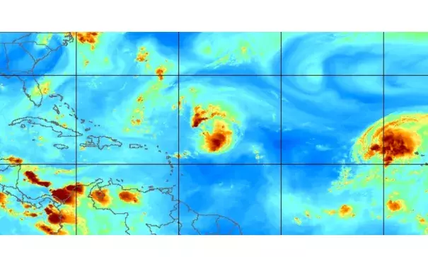 Enhanced satellite image from Wednesday morning depicting mid-upper level water vapor — cool colors indicate dry air. Image: NRL-MRY