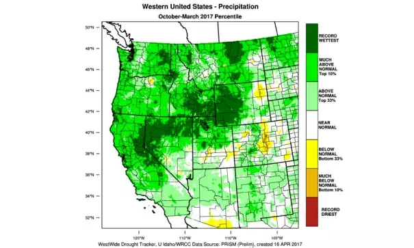 Record wet conditions occurred across wide swath of interior West this winter, including parts of NorCal. Image: WRCC
