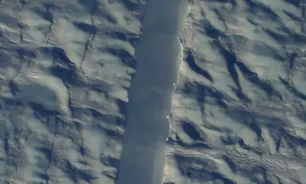 Preliminary DMS image of the new rift in Greenland’s Petermann Glacier, directly beneath the NASA Operation IceBridge aircraft. Photo: Gary Hoffmann, NASA