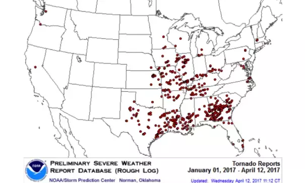 Annual Severe Weather Report Summary for Tornadoes in 2017. Image: NOAA Storm Prediction Center