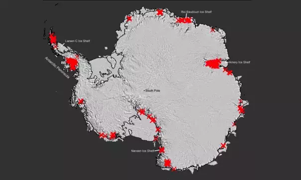 Scientists have discovered that seasonally flowing streams fringe much of Antarctica’s ice. Each red “X” represents a separate drainage. Up to now, such features were thought to exist mainly on the far northerly Antarctic Peninsula (upper left). Their widespread presence signals that the ice may be more vulnerable to melting than previously thought. Image: Adapted from Kingslake et al., Nature 2017