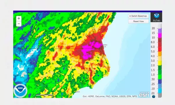 Precipitation analyzed for the 7-day period ending at 12Z (8:00 am EDT) Thursday, September 22, 2016. Widespread 10-15” totals have occurred over southeast VA and northeast NC since Monday in association with the remnants of Tropical Storm Julia. Image: NOAA/NWS Advanced Hydrologic Prediction Service