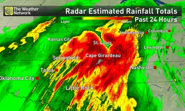 Radar estimate of the past 24 hours of rainfall, for the period ending Sunday afternoon. Image: The Weather Network