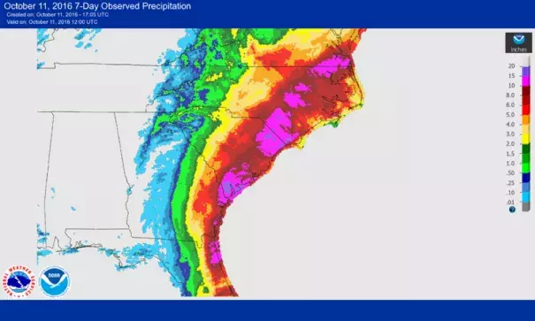 Rainfall totals with Hurricane Matthew. Image: NOAA