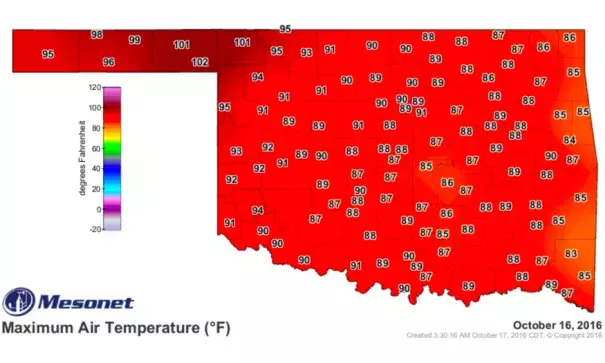 High temperatures across Oklahoma on Sunday, October 16, 2016. Image: Oklahoma Mesonet