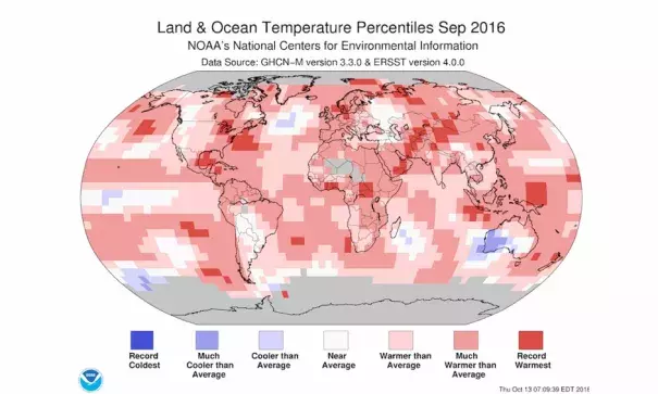 Departure of temperature from average by region for September 2016, which fell just short of September 2015 in NOAA’s database as the warmest September for the globe since record keeping began in 1880. Image: NOAA National Centers for Environmental Information (NCEI)