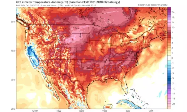 Projected departures from average temperature (degrees C) on Thursday evening, November 3, 2016, based on output from the 00Z Friday run of the GFS model. Image: tropicaltidbits