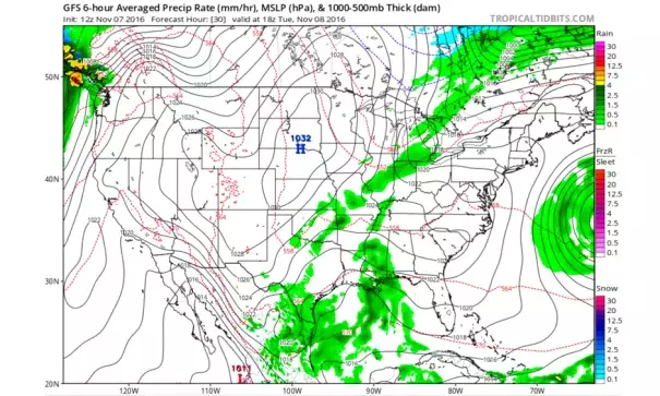 Precipitation forecast for the six hours from 7:00 am to 1:00 pm EST Tuesday, November 8, 2016, as projected by the 12Z Monday run of the GFS model. Image: tropicaltidbits.com
