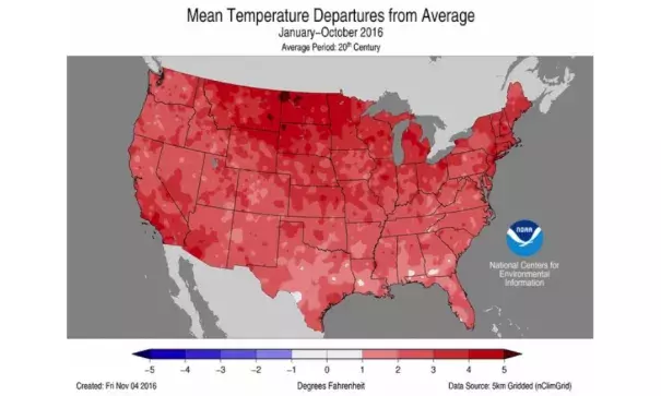 How temperatures across the U.S. differed from average from January-October 2016. Image: NOAA