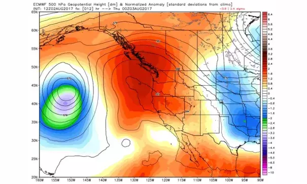 European model simulation of heat dome over Pacific Northwest Thursday. Image: WeatherBell.com