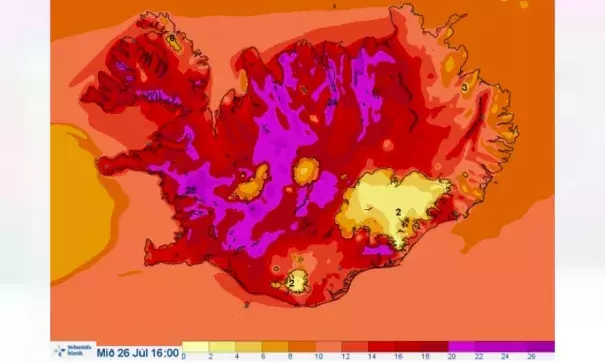 A color rarely seen on the Icelandic weather map. Photo: The Icelandic Met Office
