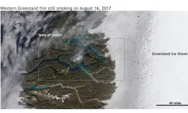 An unusually large fire that started at the end of July was still burning as of August 16, 2017. NASA Aqua satellite image from the Worldview website. 