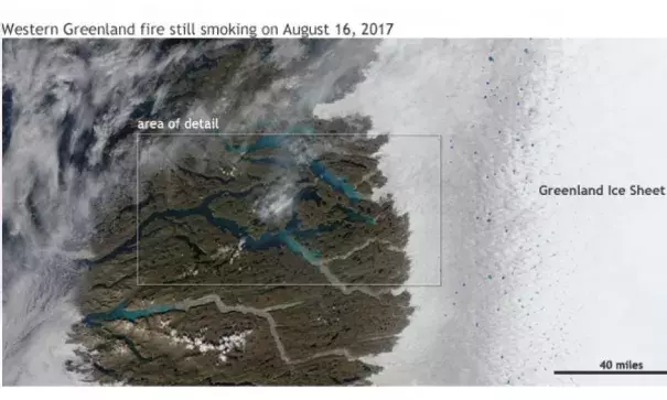 An unusually large fire that started at the end of July was still burning as of August 16, 2017. NASA Aqua satellite image from the Worldview website.