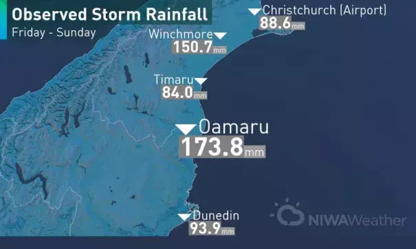 Observed storm rainfall in the South Island, Friday, July 21 - Sunday, July 23, 2017. Image: NIWA