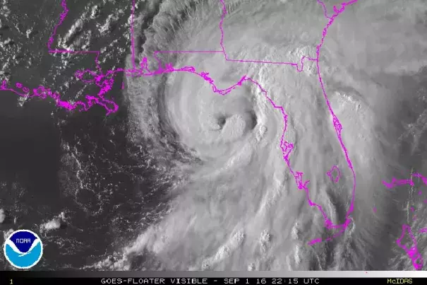 Hermine approaching landfall in Florida at 6:15 pm EDT September 1, 2016. Image: NOAA