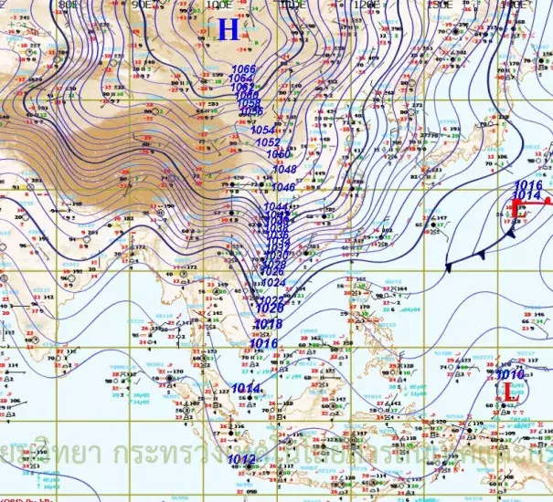An intense surface high boasted a central pressure of at least 1066 millibars at 0700Z Saturday, Jan. 23, 2016. The frigid high sent cold air cascading across the continent to the lowlands of Southeast Asia. Image: Christopher Burt, Thai Meteorological Department