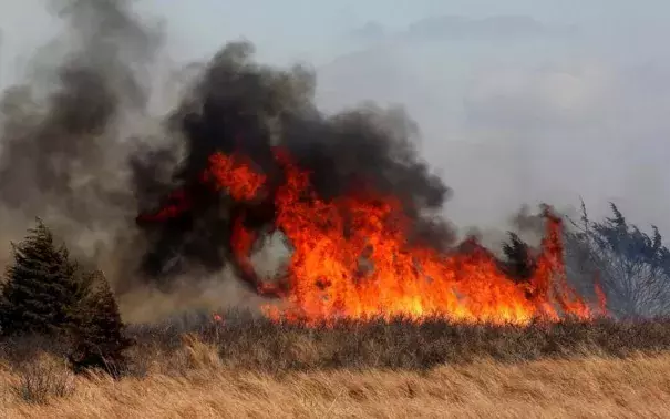 A wildfire burns Sunday in Hutchinson. The fire was one of many that broke out across the state in the past few days. Photo: Sandra J. Milburn
