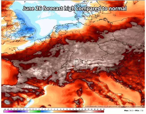 Temperatures are likely to be 20 to 30 degrees or more above normal in the heat this week. Credit: WeatherBell.com