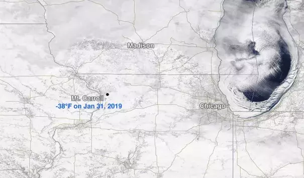 Chilly snow-covered Illinois as seen on February 1, 2019, by the MODIS instrument on NASA's Aqua satellite. The previous morning, Mt. Carroll, Illinois, set a new all-time state cold record of -38°F. Image: Weather Underground via NASA